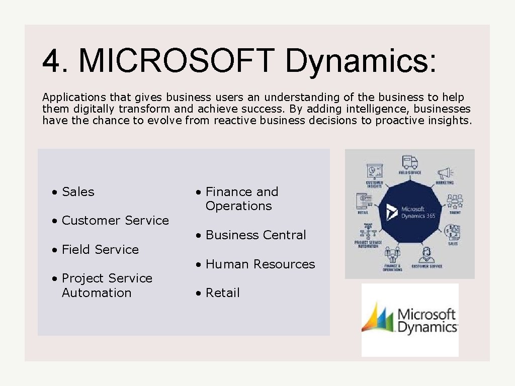 4. MICROSOFT Dynamics: Applications that gives business users an understanding of the business to