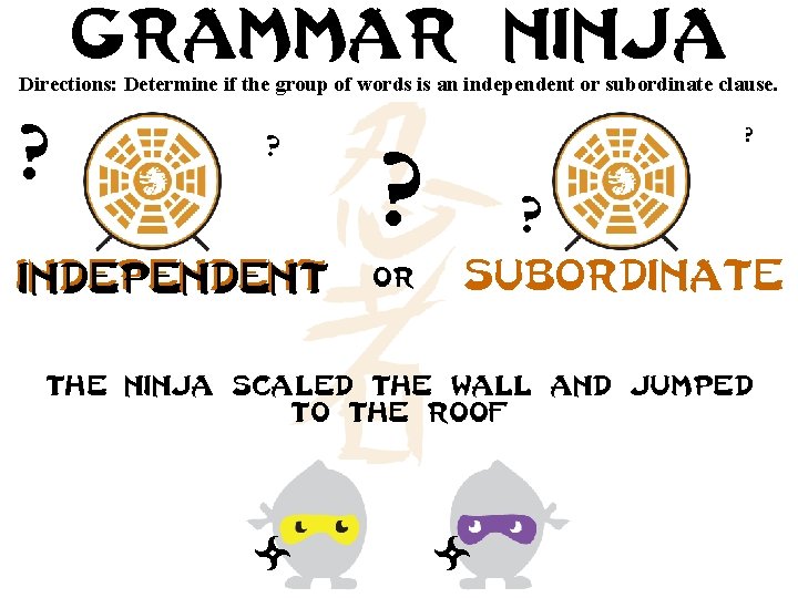 Grammar ninja Directions: Determine if the group of words is an independent or subordinate