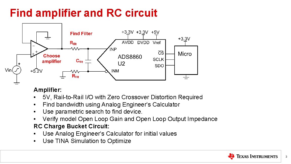 Find amplifier and RC circuit Amplifier: • 5 V, Rail-to-Rail I/O with Zero Crossover
