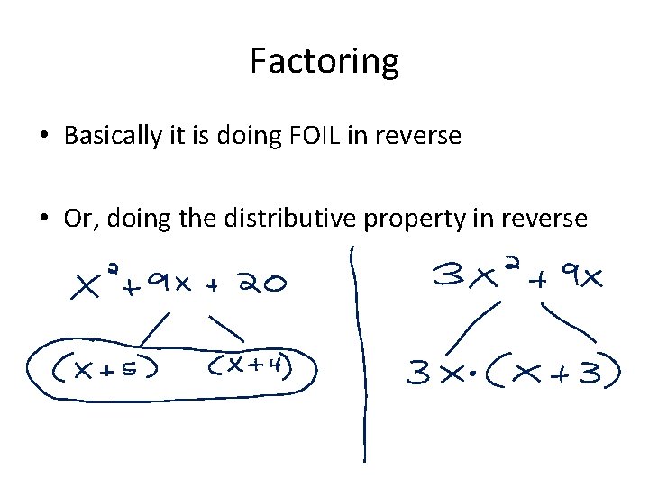 Factoring • Basically it is doing FOIL in reverse • Or, doing the distributive
