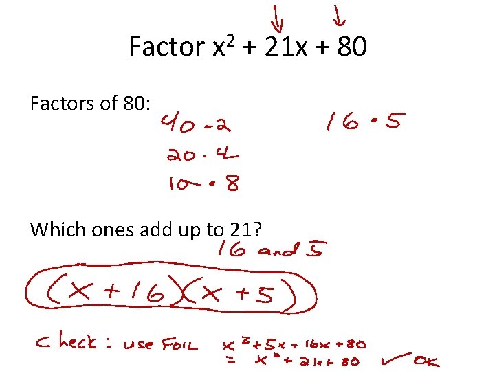 Factor x 2 + 21 x + 80 Factors of 80: Which ones add