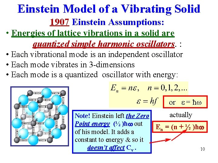 Einstein Model of a Vibrating Solid 1907 Einstein Assumptions: • Energies of lattice vibrations