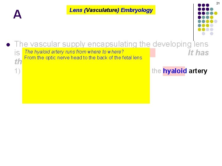 21 A l Lens (Vasculature) Embryology The vascular supply encapsulating the developing lens The
