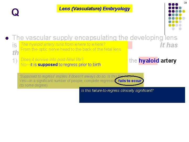 31 Q l Lens (Vasculature) Embryology The vascular supply encapsulating the developing lens The