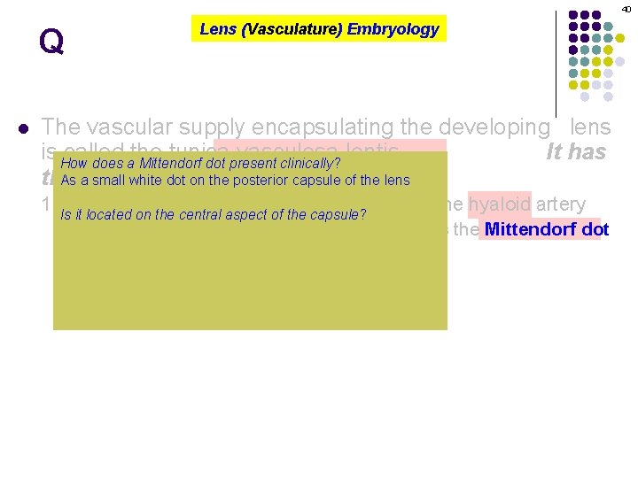 40 Q l Lens (Vasculature) Embryology The vascular supply encapsulating the developing lens is