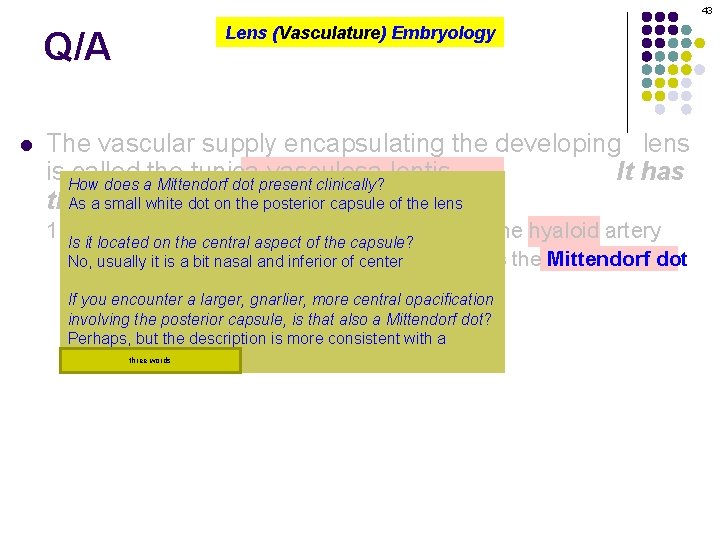 43 Q/A l Lens (Vasculature) Embryology The vascular supply encapsulating the developing lens is