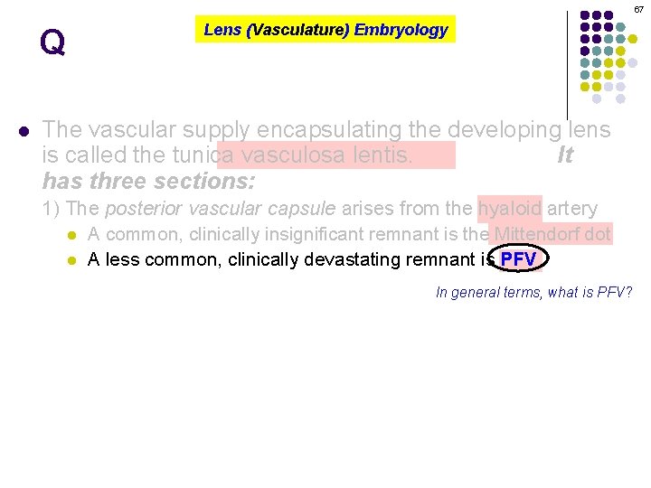 67 Q l Lens (Vasculature) Embryology The vascular supply encapsulating the developing lens is