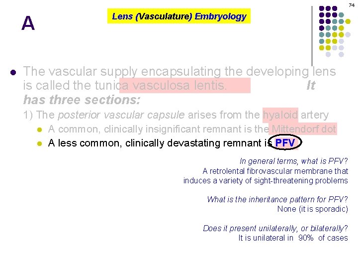 74 A l Lens (Vasculature) Embryology The vascular supply encapsulating the developing lens is