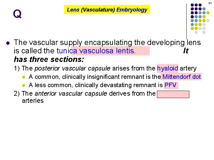 81 Q l Lens (Vasculature) Embryology The vascular supply encapsulating the developing lens is