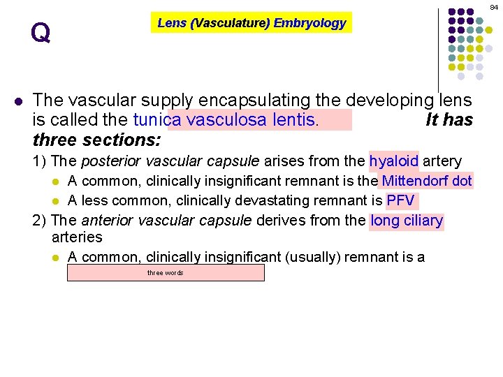 84 Q l Lens (Vasculature) Embryology The vascular supply encapsulating the developing lens is