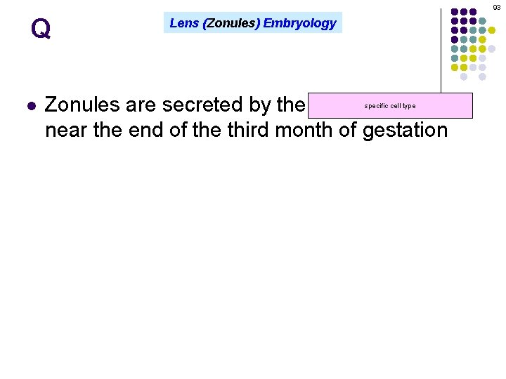 93 Q l Lens (Zonules) Embryology Zonules are secreted by the ciliary epithelium near
