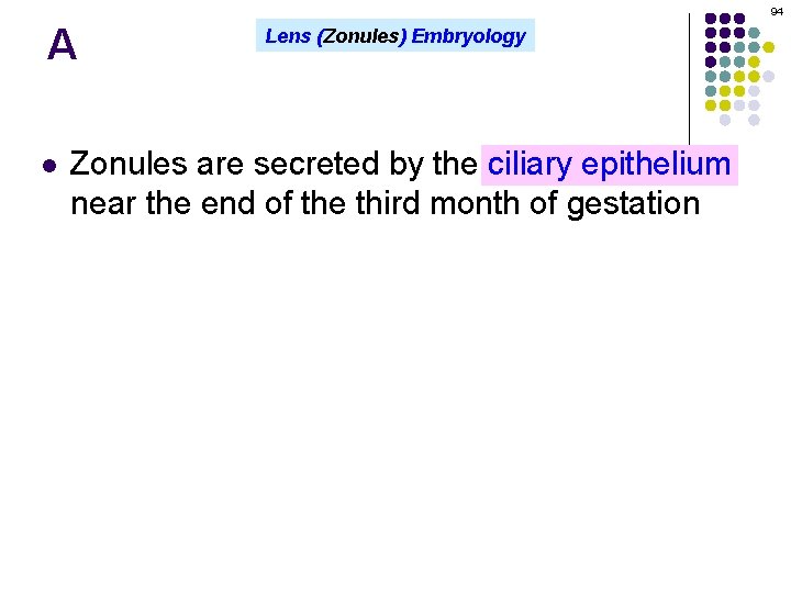 94 A l Lens (Zonules) Embryology Zonules are secreted by the ciliary epithelium near