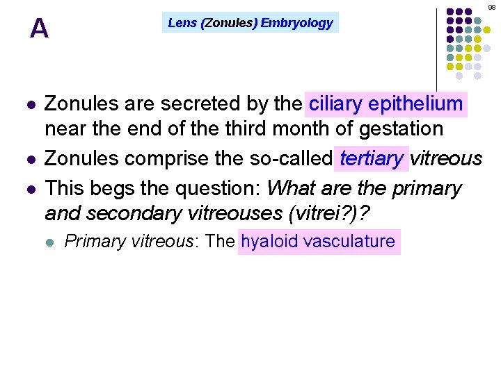 98 A l l l Lens (Zonules) Embryology Zonules are secreted by the ciliary