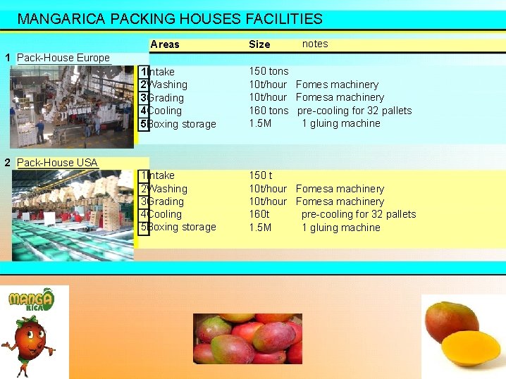 MANGARICA PACKING HOUSES FACILITIES Areas Size notes 1 Pack-House Europe 1 Intake 2 Washing