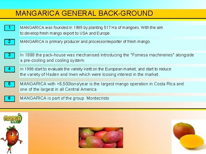 MANGARICA GENERAL BACK-GROUND 1 MANGARICA was founded in 1989 by planting 517 Ha of