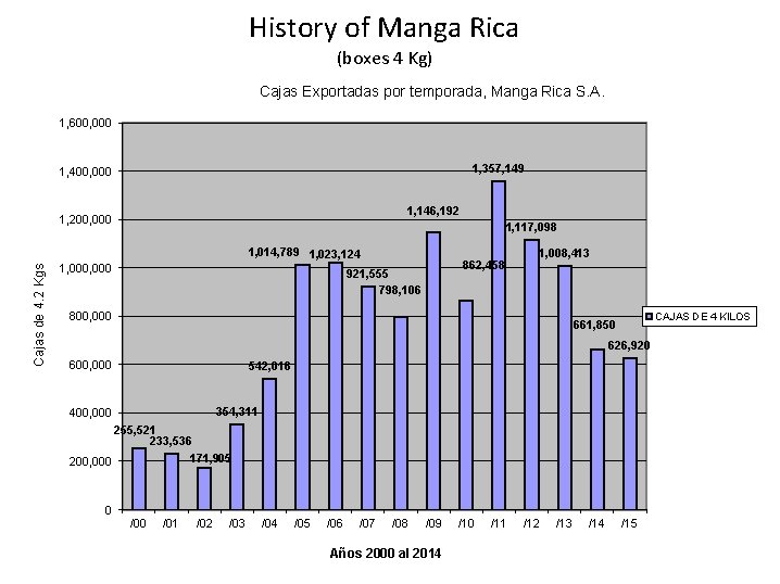 History of Manga Rica (boxes 4 Kg) Cajas Exportadas por temporada, Manga Rica S.