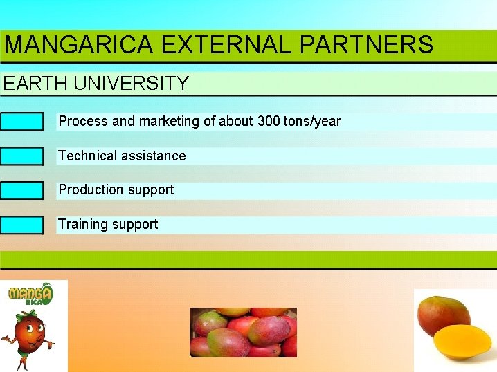 MANGARICA EXTERNAL PARTNERS EARTH UNIVERSITY Process and marketing of about 300 tons/year Technical assistance