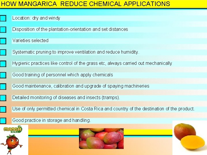 HOW MANGARICA REDUCE CHEMICAL APPLICATIONS Location: dry and windy Disposition of the plantation-orientation and