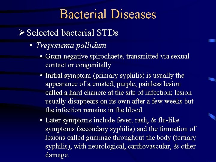 Bacterial Diseases Ø Selected bacterial STDs § Treponema pallidum • Gram negative spirochaete; transmitted Bacterial Diseases Ø Selected bacterial STDs § Treponema pallidum • Gram negative spirochaete; transmitted