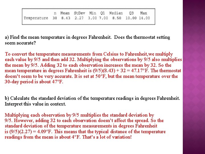a) Find the mean temperature in degrees Fahrenheit. Does thermostat setting seem accurate? To