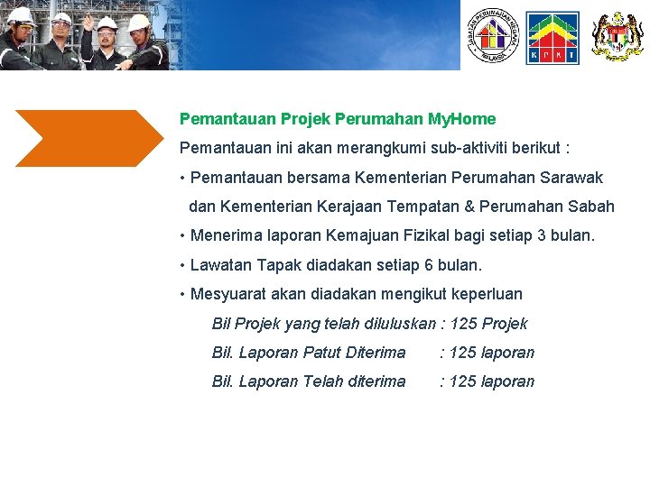 Pemantauan Projek Perumahan My. Home Pemantauan ini akan merangkumi sub-aktiviti berikut : • Pemantauan