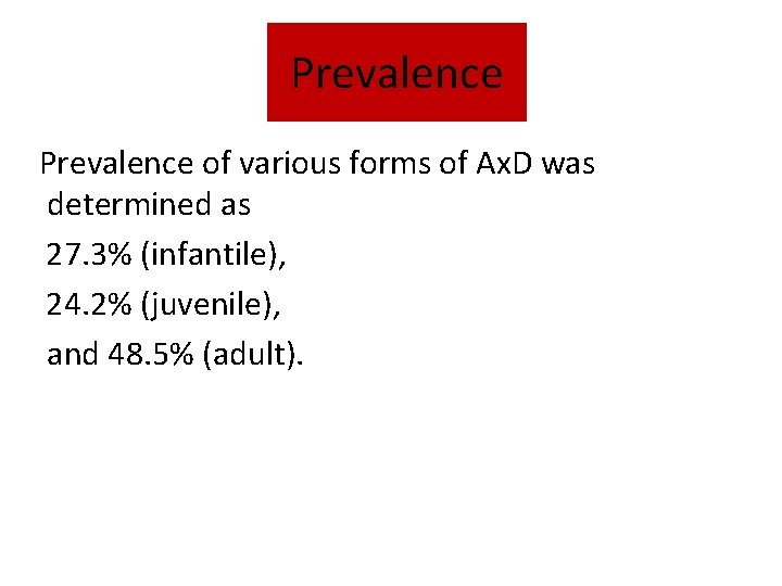 Prevalence of various forms of Ax. D was determined as 27. 3% (infantile), 24.