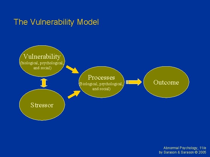 The Vulnerability Model Vulnerability (biological, psychological, and social) Processes (Biological, psychological, and social) Outcome The Vulnerability Model Vulnerability (biological, psychological, and social) Processes (Biological, psychological, and social) Outcome