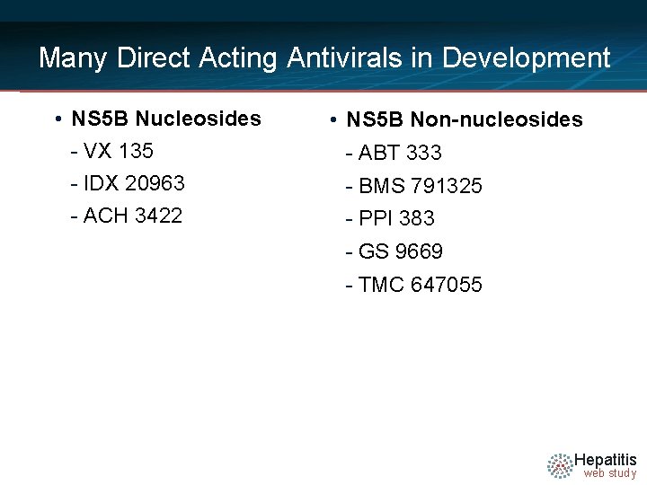 Many Direct Acting Antivirals in Development • NS 5 B Nucleosides - VX 135