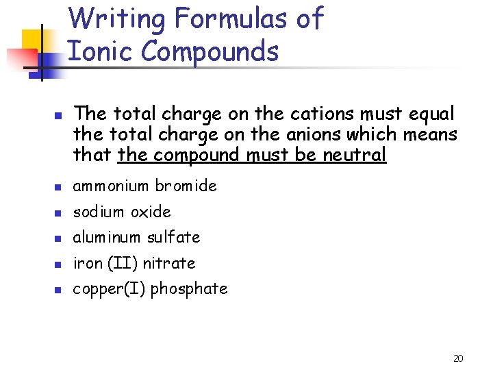 Writing Formulas of Ionic Compounds n The total charge on the cations must equal