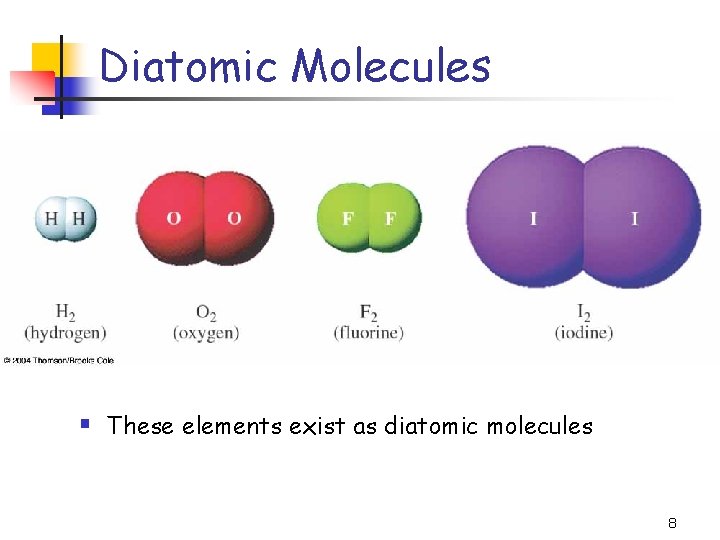 Diatomic Molecules § These elements exist as diatomic molecules 8 