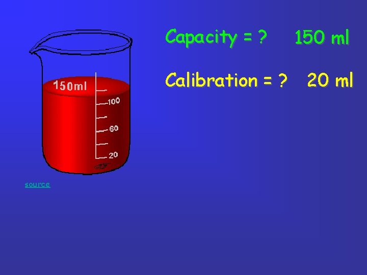 Capacity = ? 150 ml Calibration = ? 20 ml source Capacity = ? 150 ml Calibration = ? 20 ml source