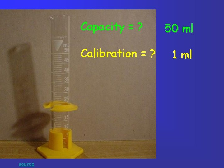 Capacity = ? Calibration = ? source 50 ml 1 ml Capacity = ? Calibration = ? source 50 ml 1 ml