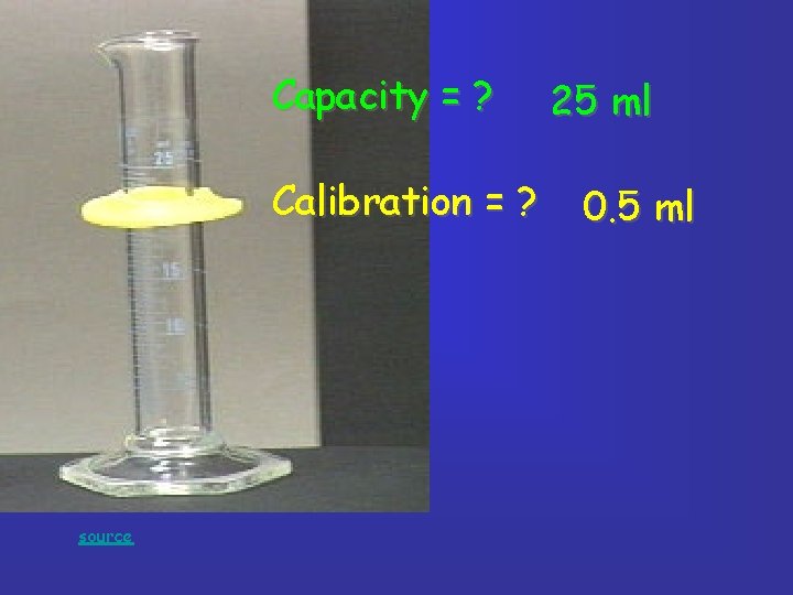 Capacity = ? Calibration = ? source 25 ml 0. 5 ml Capacity = ? Calibration = ? source 25 ml 0. 5 ml
