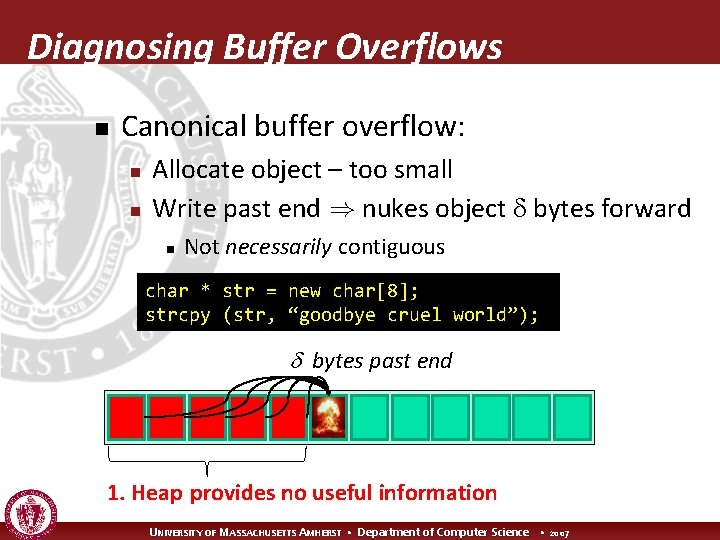 Diagnosing Buffer Overflows n Canonical buffer overflow: n n Allocate object – too small