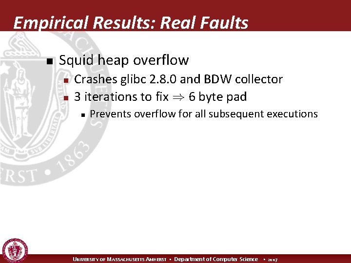 Empirical Results: Real Faults n Squid heap overflow n n Crashes glibc 2. 8.