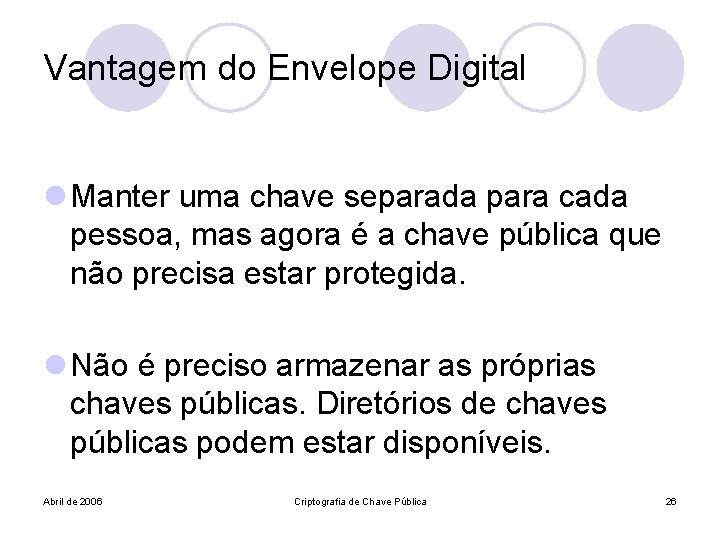 Vantagem do Envelope Digital l Manter uma chave separada para cada pessoa, mas agora