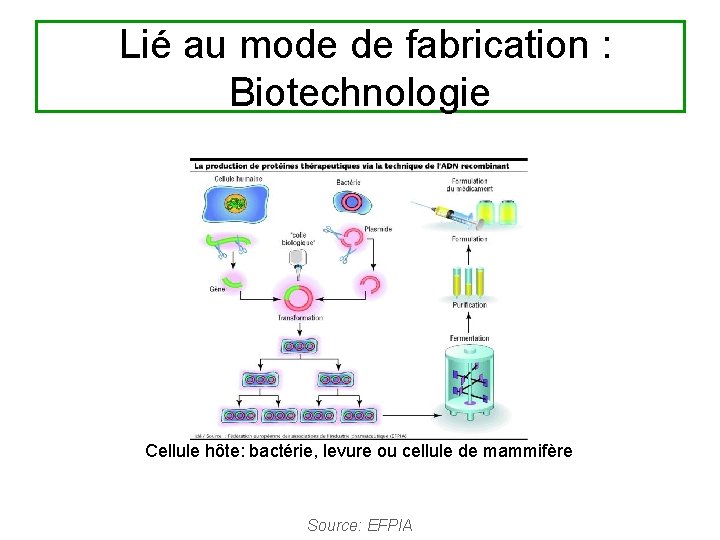  Lié au mode de fabrication : Biotechnologie Cellule hôte: bactérie, levure ou cellule