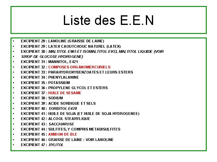 Liste des E. E. N • • • • • • EXCIPIENT 28 :