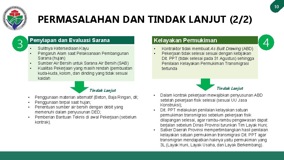 10 PERMASALAHAN DAN TINDAK LANJUT (2/2) 3 Penyiapan dan Evaluasi Sarana Kelayakan Permukiman •