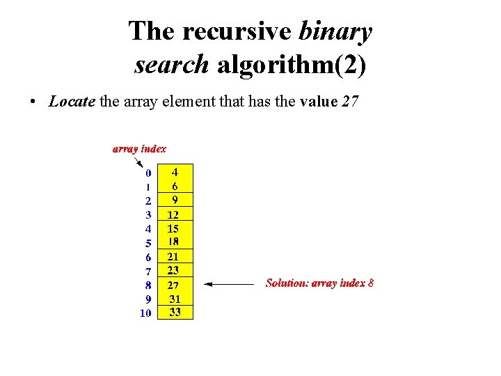 The recursive binary search algorithm(2) • Locate the array element that has the value