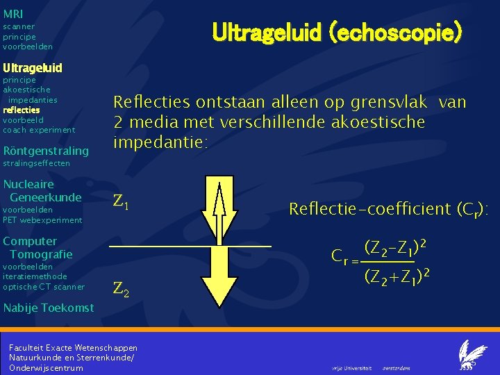 MRI Ultrageluid (echoscopie) scanner principe voorbeelden Ultrageluid principe akoestische impedanties reflecties voorbeeld coach experiment