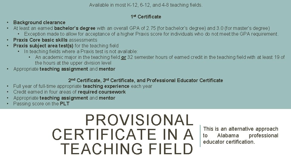 Available in most K-12, 6 -12, and 4 -8 teaching fields. 1 st Certificate