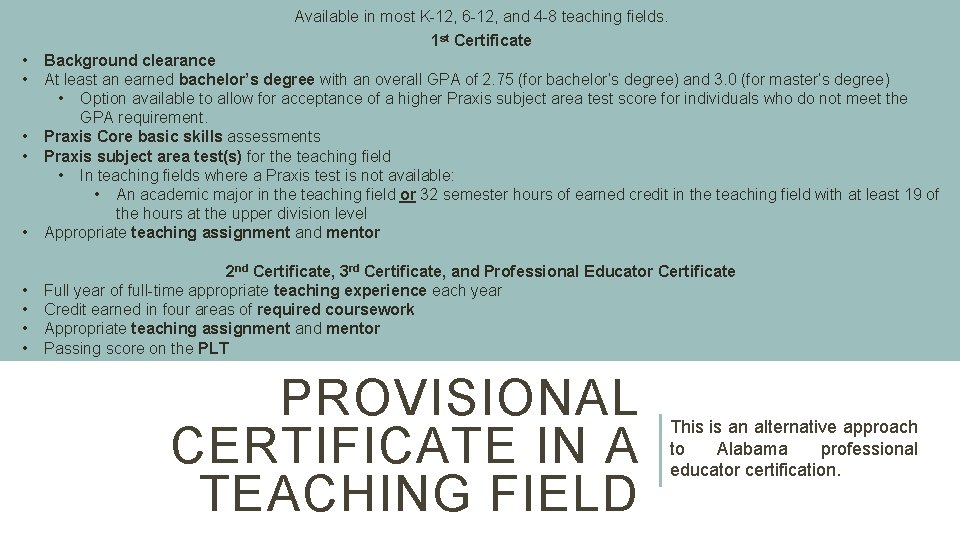 Available in most K-12, 6 -12, and 4 -8 teaching fields. 1 st Certificate