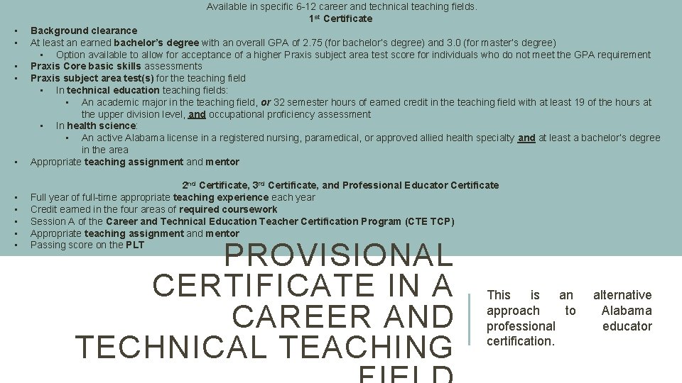 Available in specific 6 -12 career and technical teaching fields. 1 st Certificate •