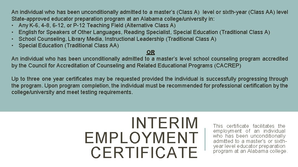 An individual who has been unconditionally admitted to a master’s (Class A) level or