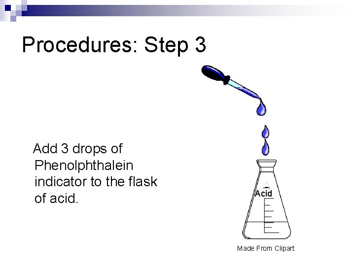 Procedures: Step 3 Add 3 drops of Phenolphthalein indicator to the flask of acid.