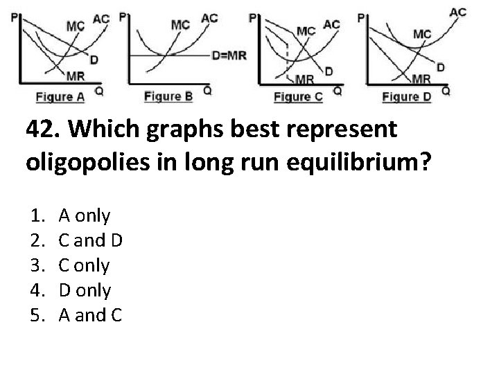 42. Which graphs best represent oligopolies in long run equilibrium? 1. 2. 3. 4.