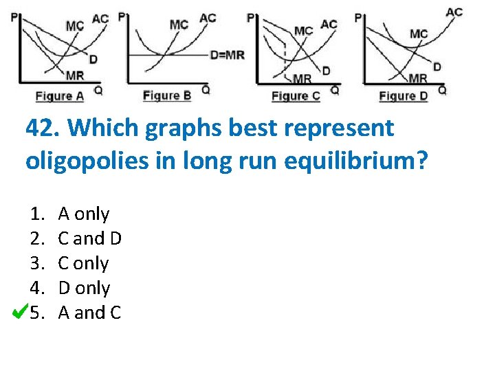 42. Which graphs best represent oligopolies in long run equilibrium? 1. 2. 3. 4.