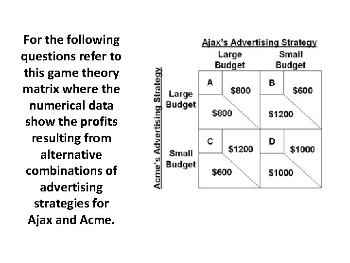 For the following questions refer to this game theory matrix where the numerical data