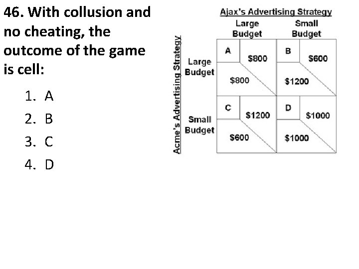 46. With collusion and no cheating, the outcome of the game is cell: 1.